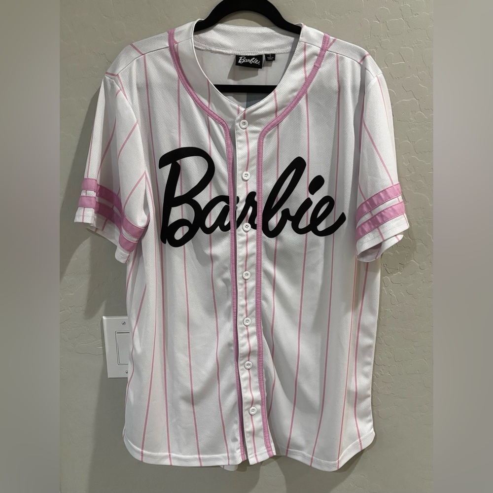 Barbie Baseball Women’s Jersey Shirt White Pink Striped #59 Size Large